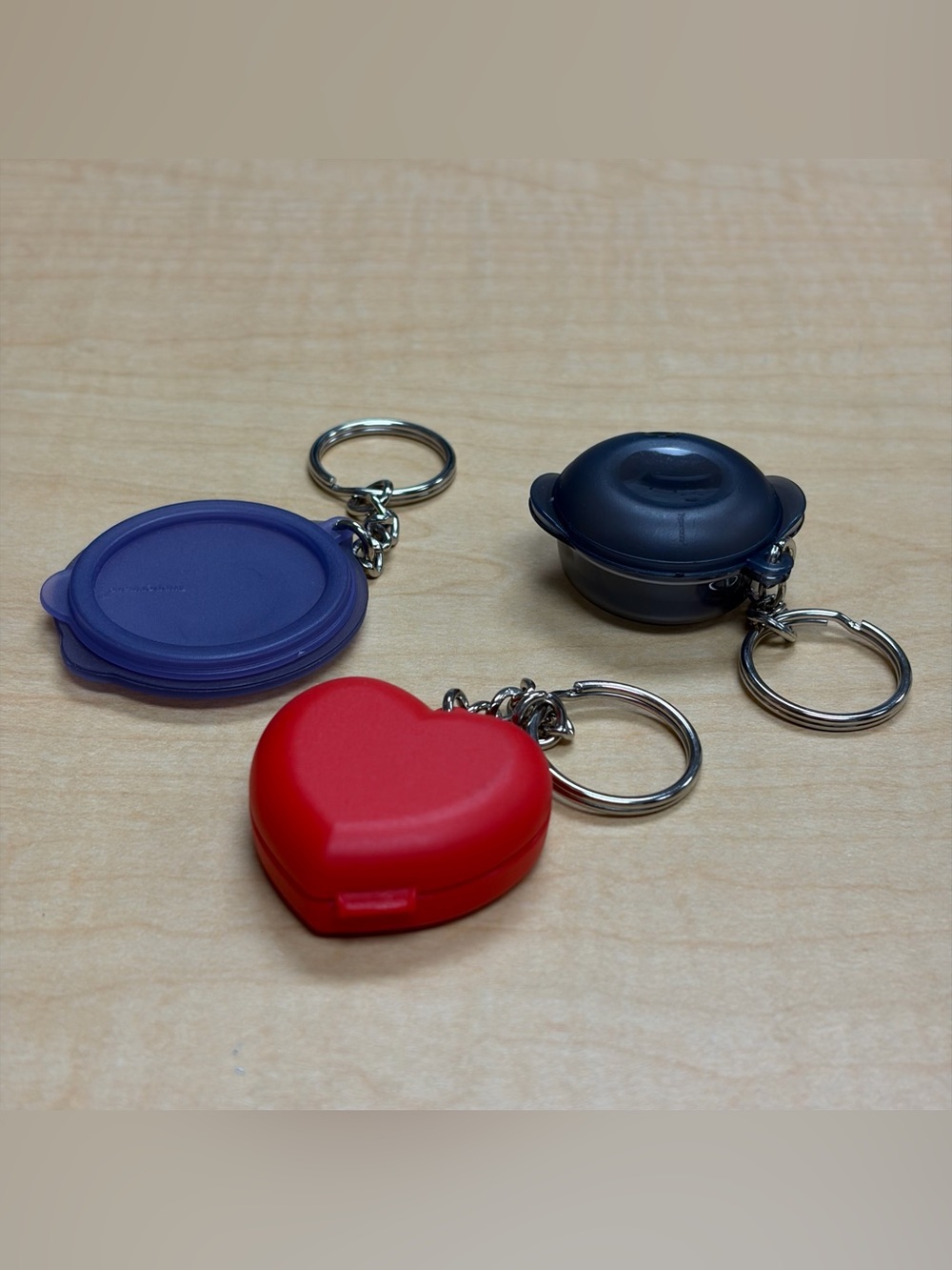 Lot of 3: Vintage Tupperware Keychains Heart,Flat-Out Bowl, Heat 'N Serve